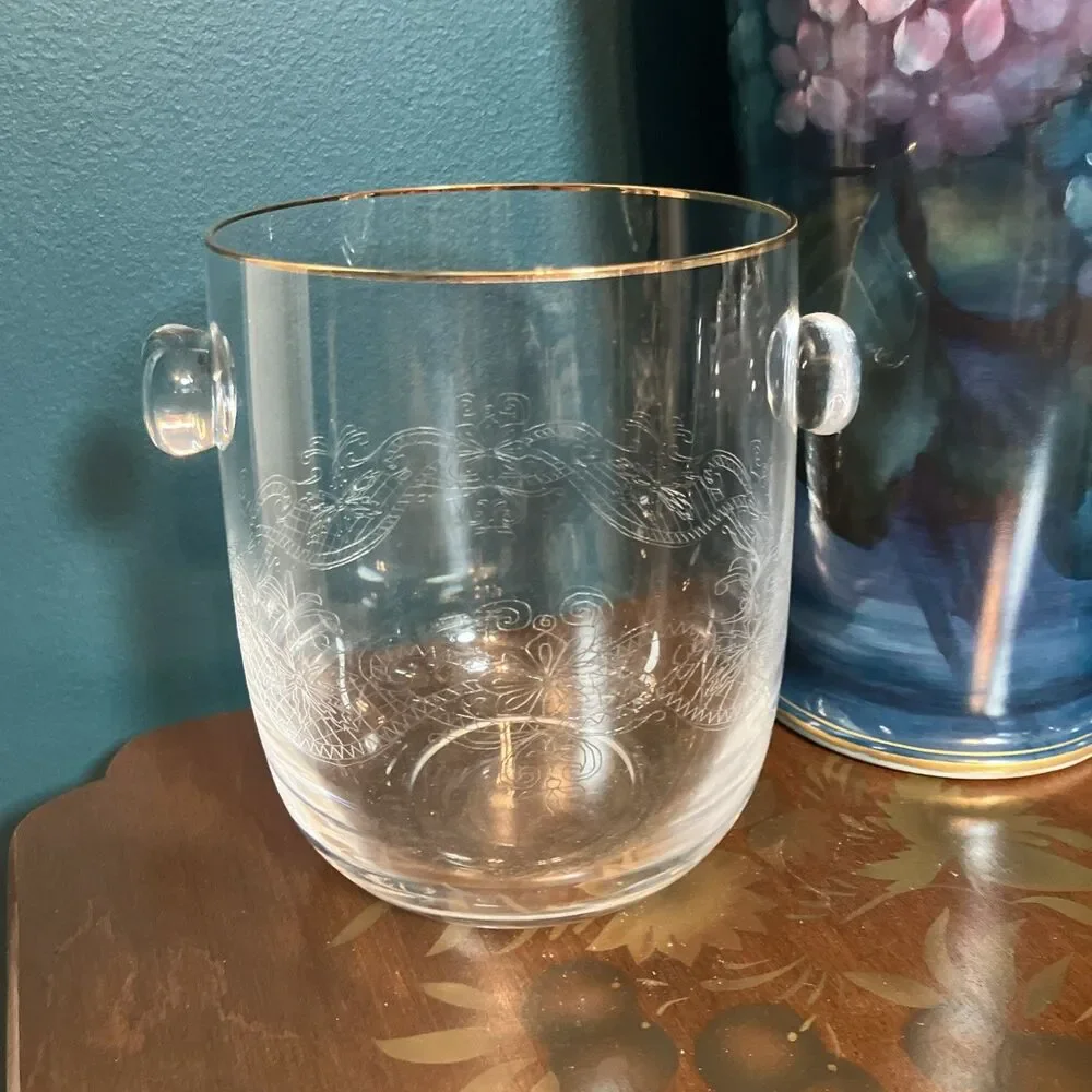 Vintage Ice Bucket Beautiful Etched Bohemian Glass W/ Gold Rim -Czech Republic